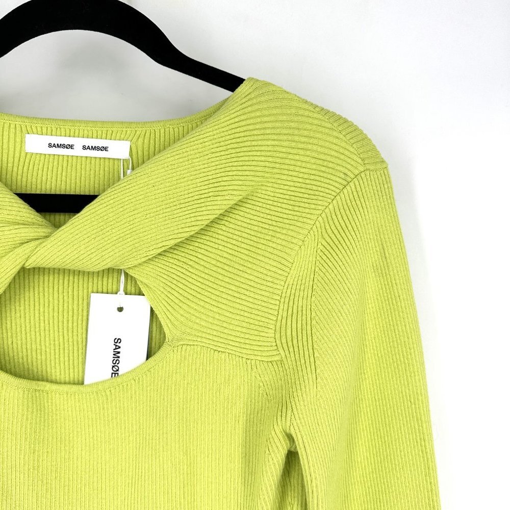 NWT Samsoe Everly Crew Neck Ribbed Knit Cutout Sweater Top Daiquiri Green XL - Picture 3 of 9